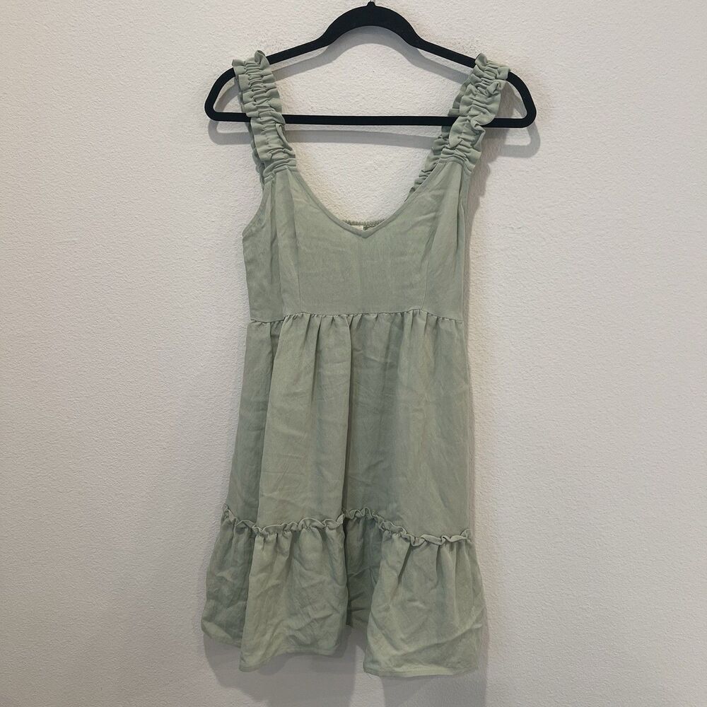 NEW Blue Pepper Sage Green Tiered Mini Babydoll Dress S Rushed Straps Party